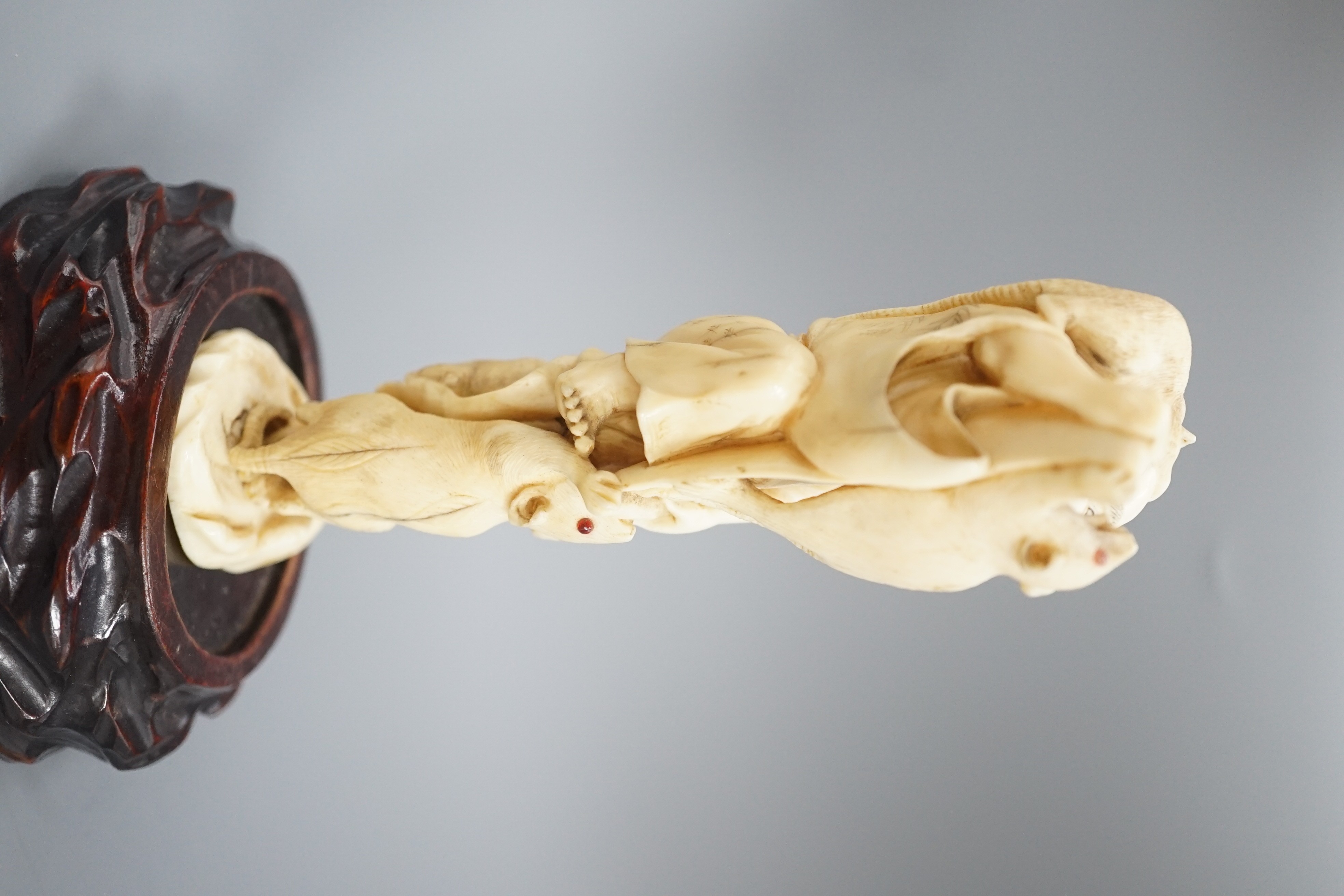 A Japanese ivory okimono of a man with giant rats clambering over him, signed, late 19th century 12.5cm, wood stand